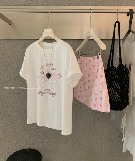 한국 chic 여름 미니멀리즘 다용도 라운드 넥 반팔 프린트 티셔츠