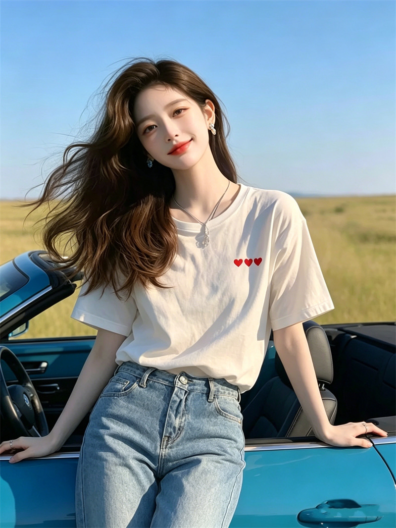 한국 chic 여름 미니멀리즘 다용도 라운드 넥 반팔 프린트 티셔츠