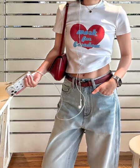 아메리칸 레트로 라운드 넥 프린트 반팔 티셔츠