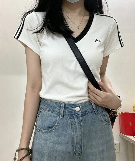 좋은 품질 자수 네리 가게 천 광저우 천 사람들 면 260 그램 V넥 반팔