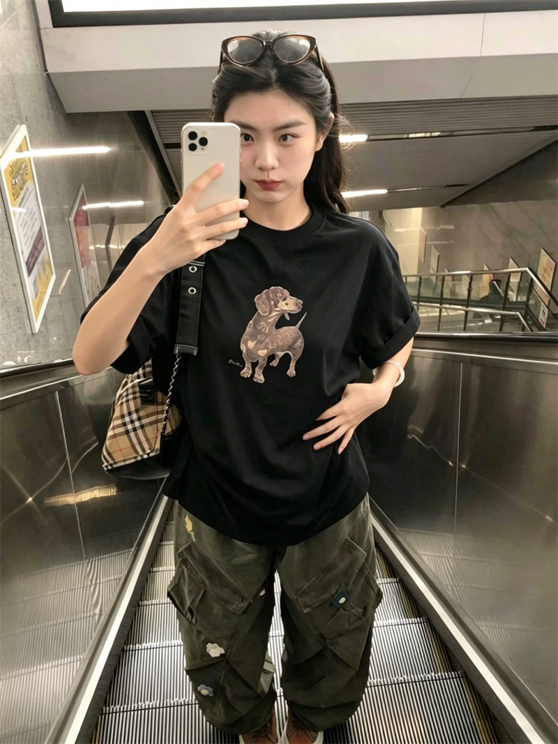 한국 chic 여름 미니멀리즘 다용도 라운드 넥 반팔 프린트 티셔츠