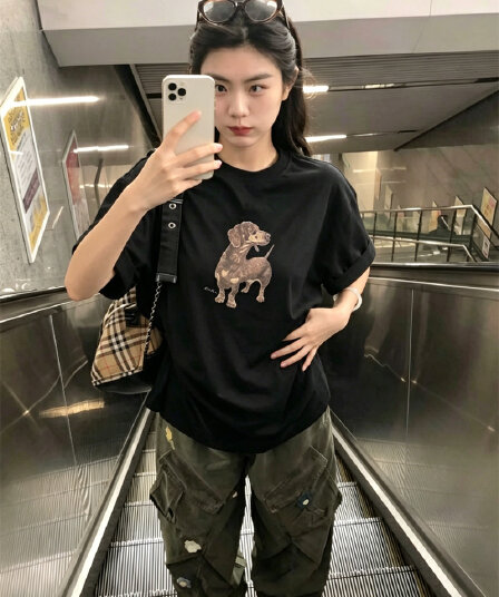 한국 chic 여름 미니멀리즘 다용도 라운드 넥 반팔 프린트 티셔츠