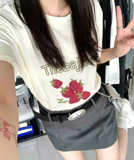 한국 chic 여름 미니멀리즘 다용도 라운드 넥 반팔 프린트 티셔츠