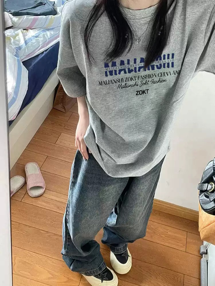 한국 chic 여름 미니멀리즘 다용도 라운드 넥 반팔 프린트 티셔츠
