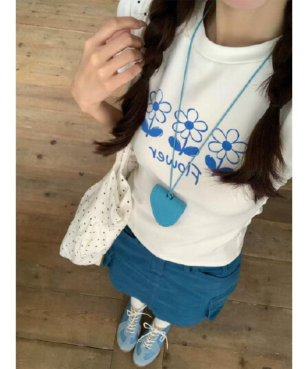 아메리칸 레트로 긍정적 인 어깨 라운드 넥 프린트 반팔 티셔츠