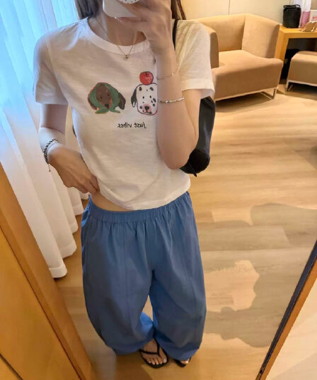 아메리칸 레트로 긍정적 인 어깨 라운드 넥 프린트 반팔 티셔츠