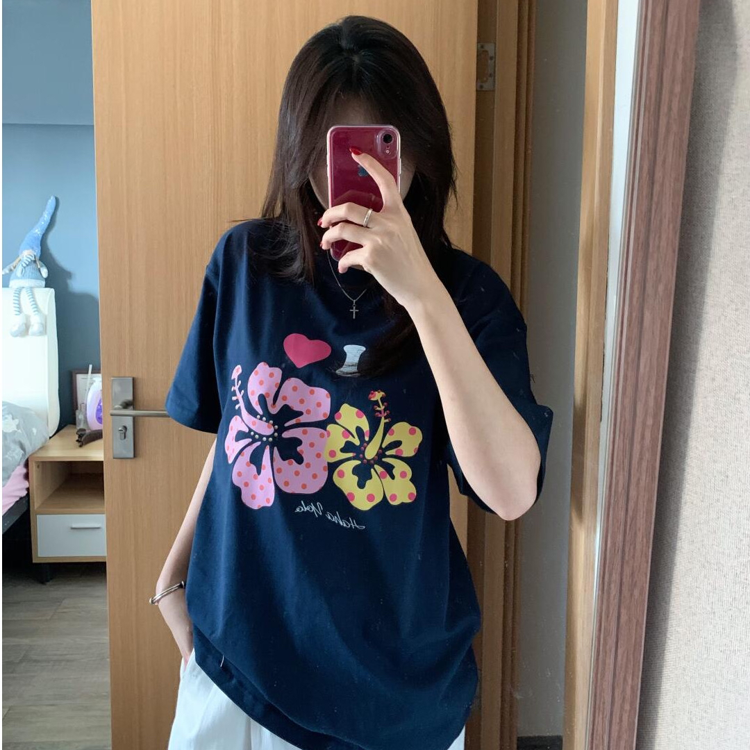 한국 chic 여름 미니멀리즘 다용도 라운드 넥 반팔 프린트 티셔츠