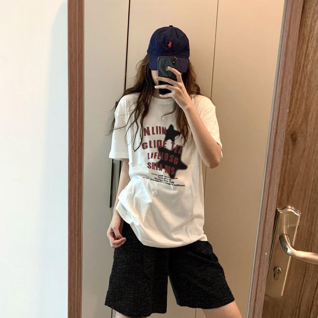 한국 chic 여름 미니멀리즘 다용도 라운드 넥 반팔 프린트 티셔츠