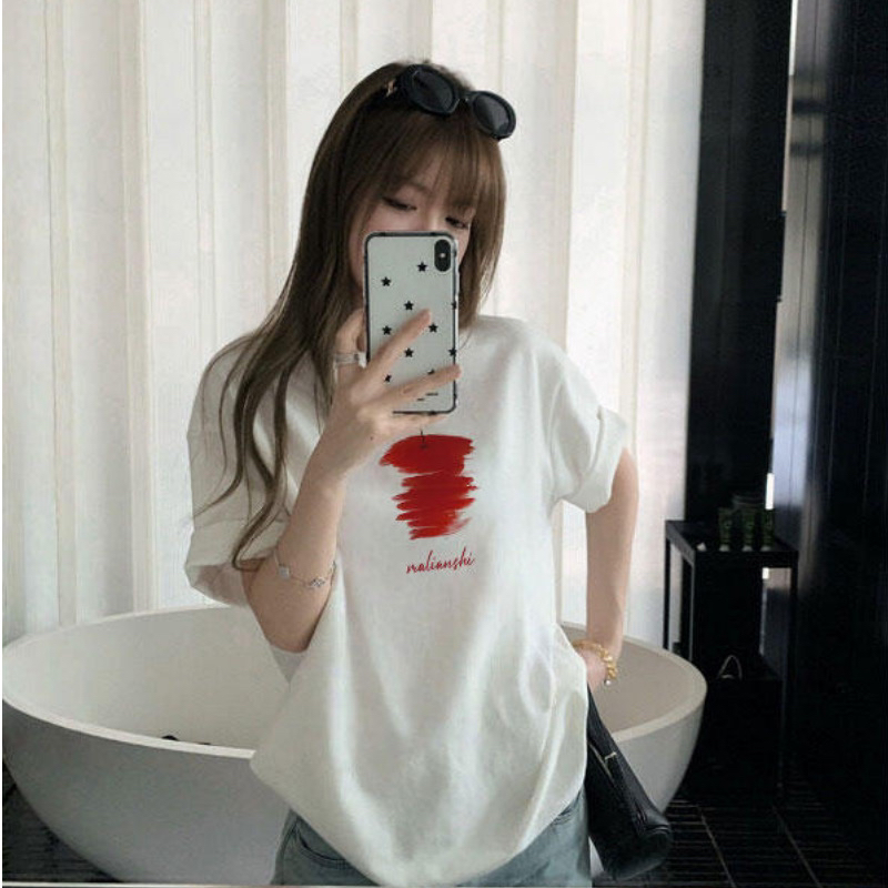 한국 chic 여름 미니멀리즘 다용도 라운드 넥 반팔 프린트 티셔츠