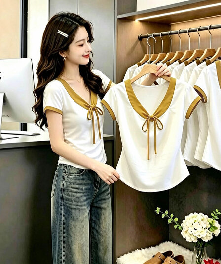 나비 넥타이 반팔 티셔츠 여성 여름 새로운 배색 V넥 디자인 센스