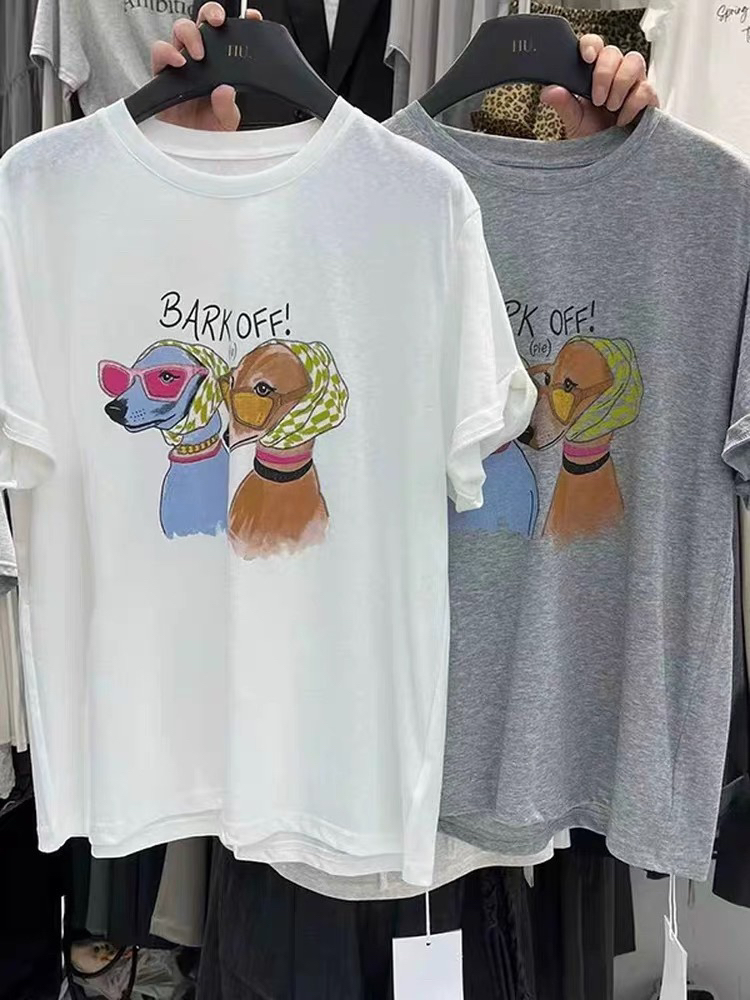 한국 동대문 순면 여름 새로운 외국 가스 연령 감소 루즈핏 재미있는 강아지 프린트 반팔 티셔츠 여성 셔츠