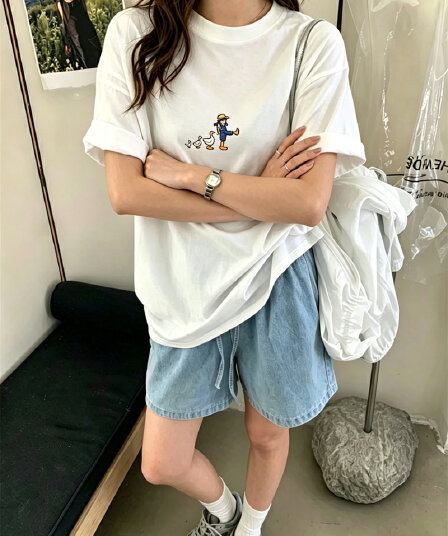 한국 chic 여름 미니멀리즘 다용도 라운드 넥 반팔 프린트 티셔츠