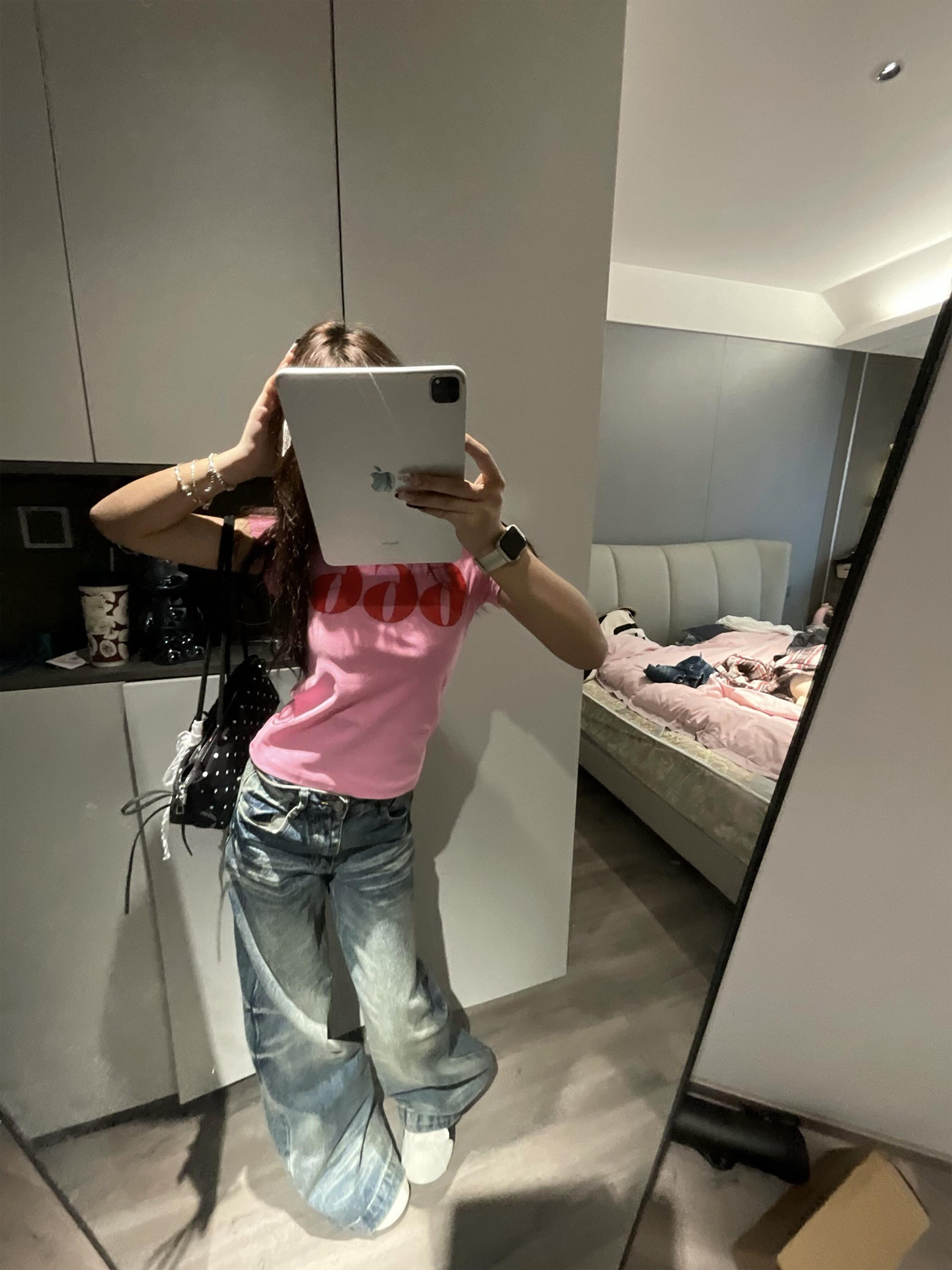 아메리칸 레트로 라운드 넥 긍정적 인 어깨 프린트 반팔 티셔츠