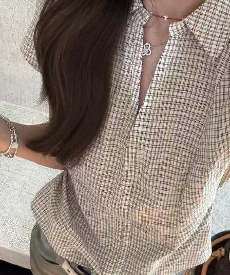 아메리칸 새로운 레트로 여름 체크무늬 슬림해 보이는 학원 몸매 가꾸기 체크무늬 셔츠 폴로 칼라 허리 수축 반팔 셔츠 맨위