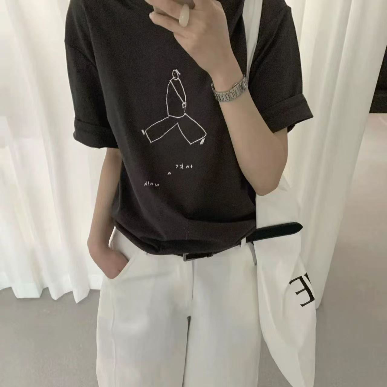 ins 재미있는 프린트 느긋한 바람 루즈핏 디자인 센스 다용도 맨위