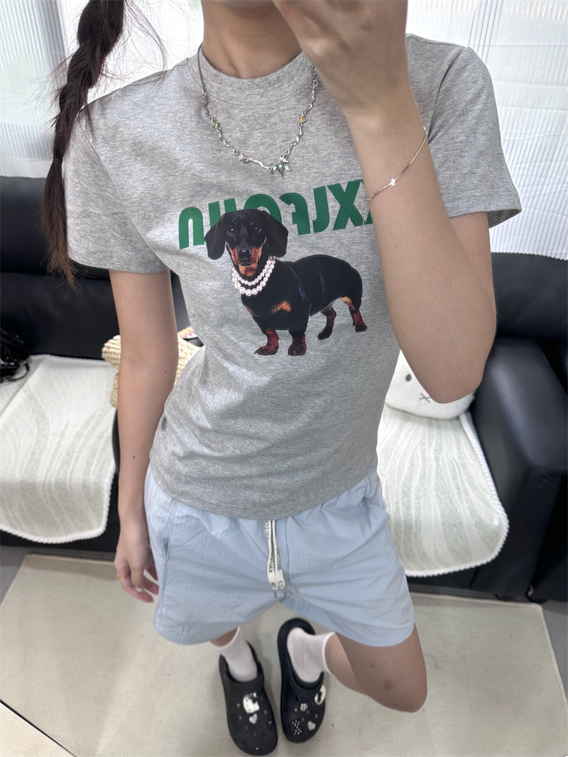 아메리칸 레트로 라운드 넥 프린트 몸매 가꾸기 반팔 티셔츠