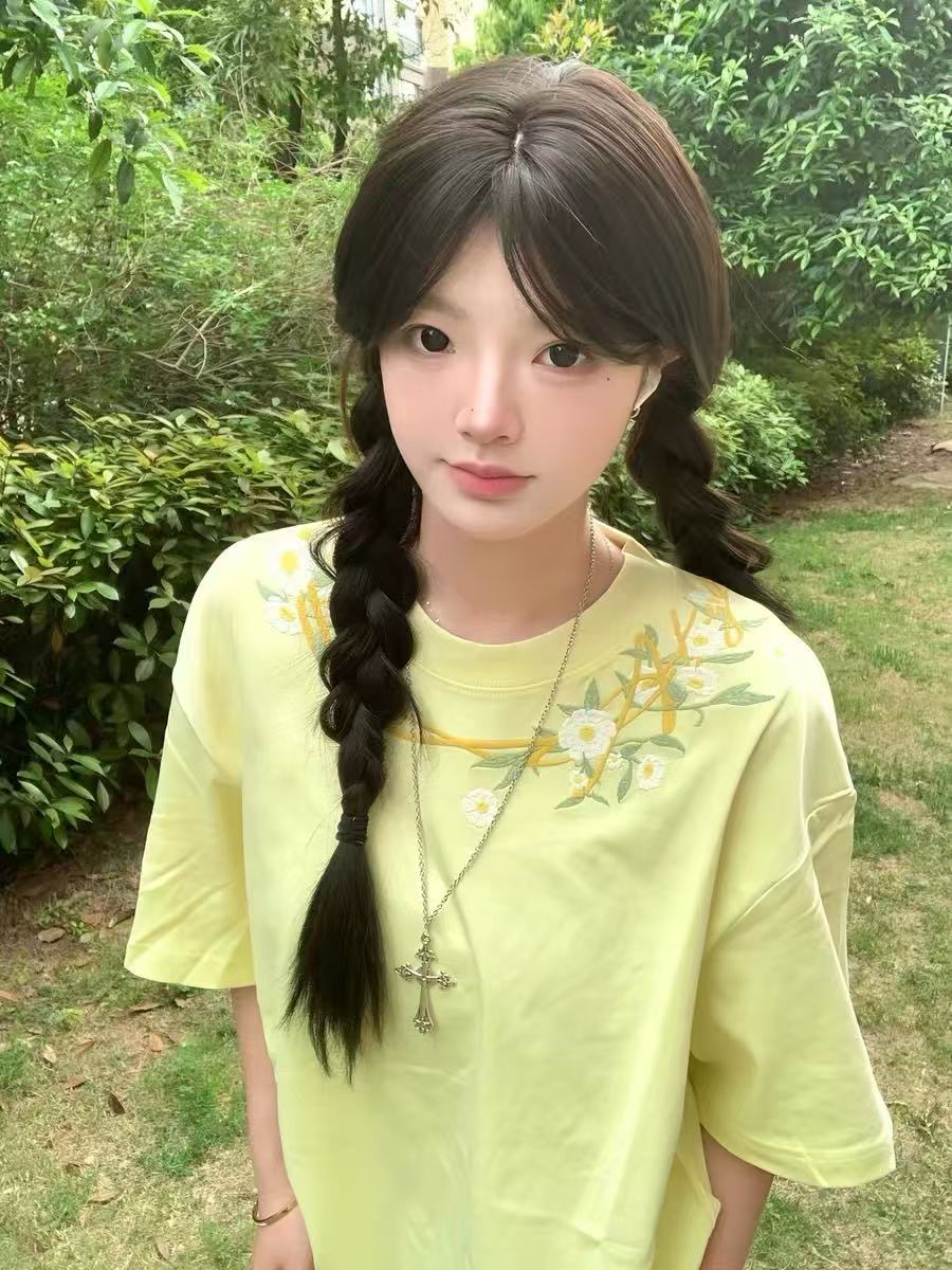 자수 순면 220 그램 빗질하다 닫기 반팔 티셔츠 여성