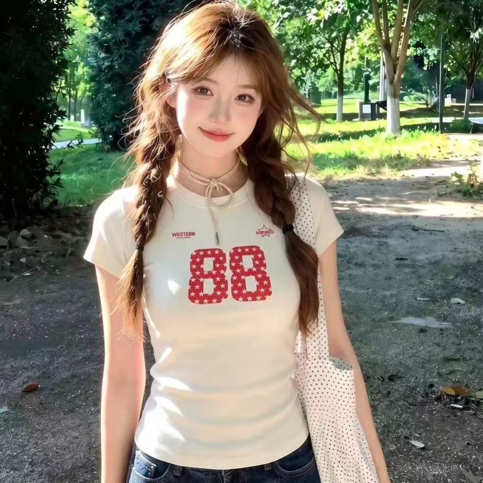 아메리칸 레트로 긍정적 인 어깨 라운드 넥 프린트 반팔 티셔츠