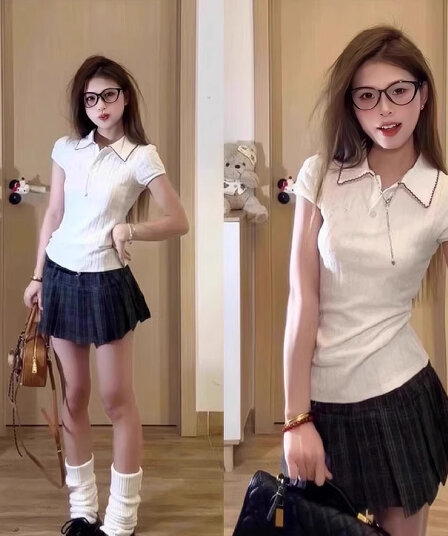 화이트 POLO 칼라 반팔 티셔츠 여성 여름 2026 새로운 일본식 레트로 학원 스타일 몸매 가꾸기 슬림해 보이는 맨위