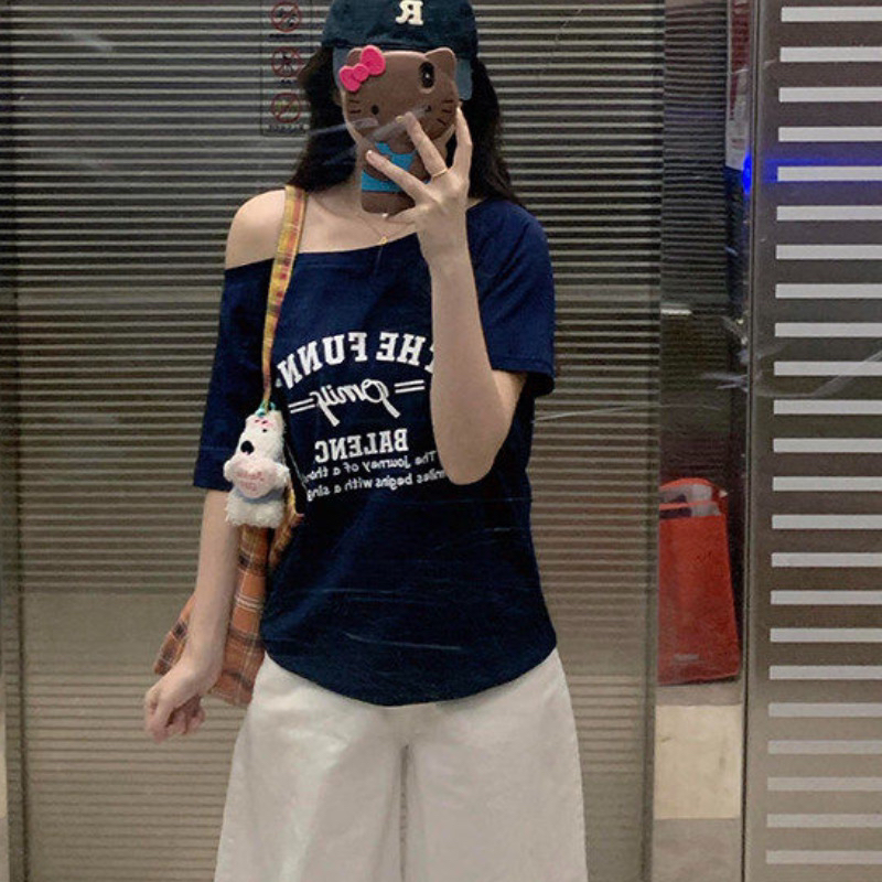 아메리칸 핫걸 비스듬한 어깨 알파벳 프린트 반팔 티셔츠 여성
