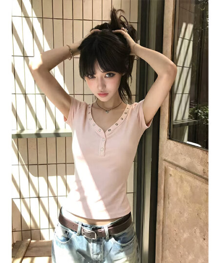 40 순면 92 면 8 암모니아 Lun 핫걸 단추 V넥 긍정적 인 어깨 반팔 티셔츠