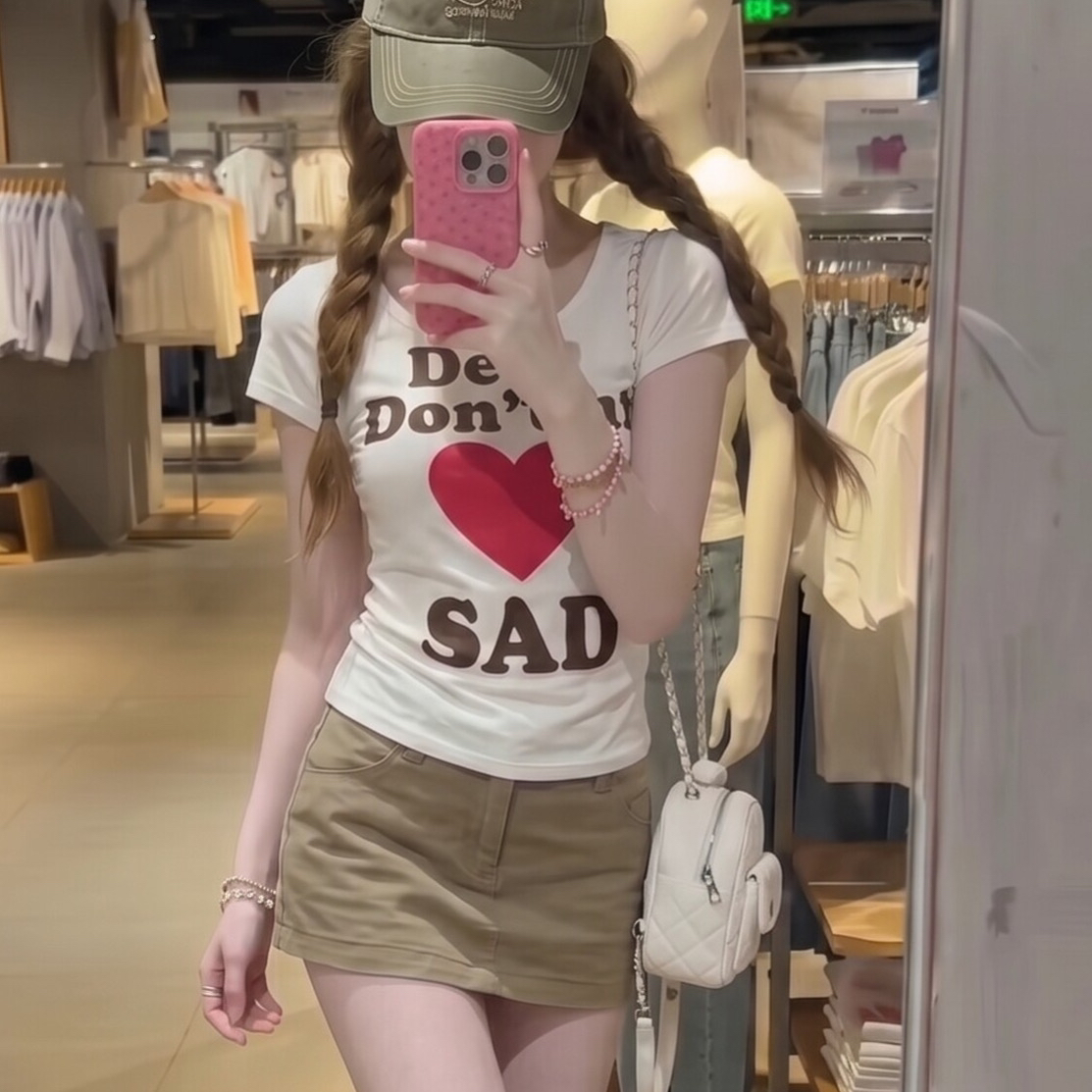 아메리칸 레트로 긍정적 인 어깨 라운드 넥 프린트 반팔 티셔츠