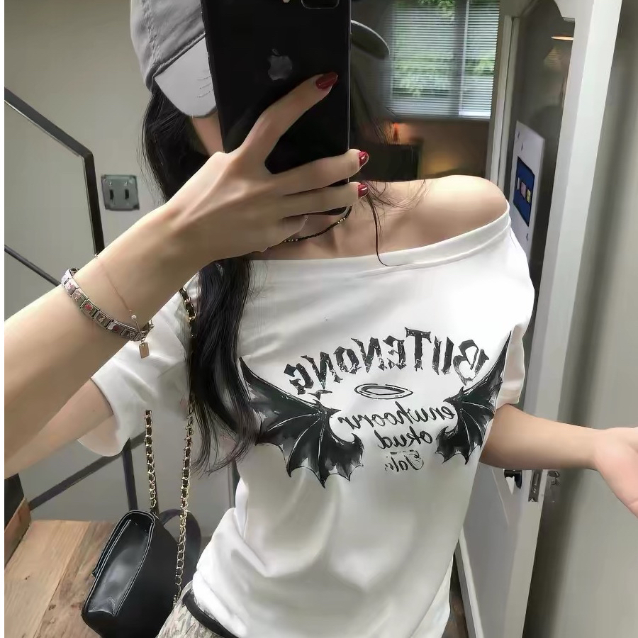 아메리칸 핫걸 비스듬한 어깨 알파벳 프린트 반팔 티셔츠 여성