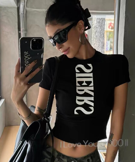 아메리칸 레트로 핫걸 쇼트 스타일 라운드 넥 프린트 반팔 티셔츠