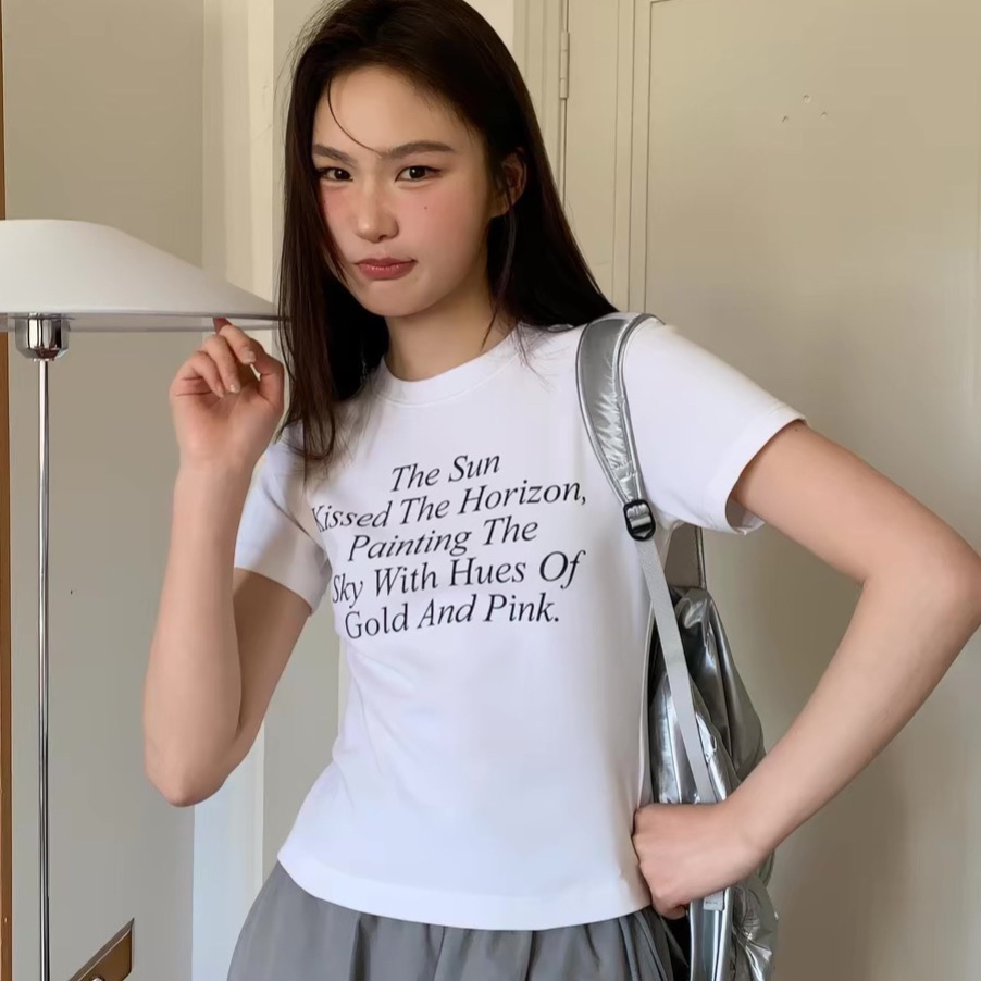 아메리칸 레트로 긍정적 인 어깨 라운드 넥 프린트 반팔 티셔츠