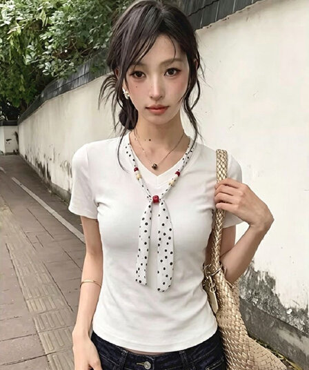 210 그램 40 순면 도트 무늬 스카프 레이스업 V넥 반팔 티셔츠 여성 몸매 가꾸기 맨위