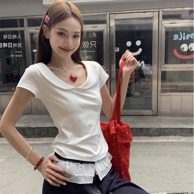 베이비 칼라 긍정적 인 어깨 티셔츠 여성 셔츠 여름