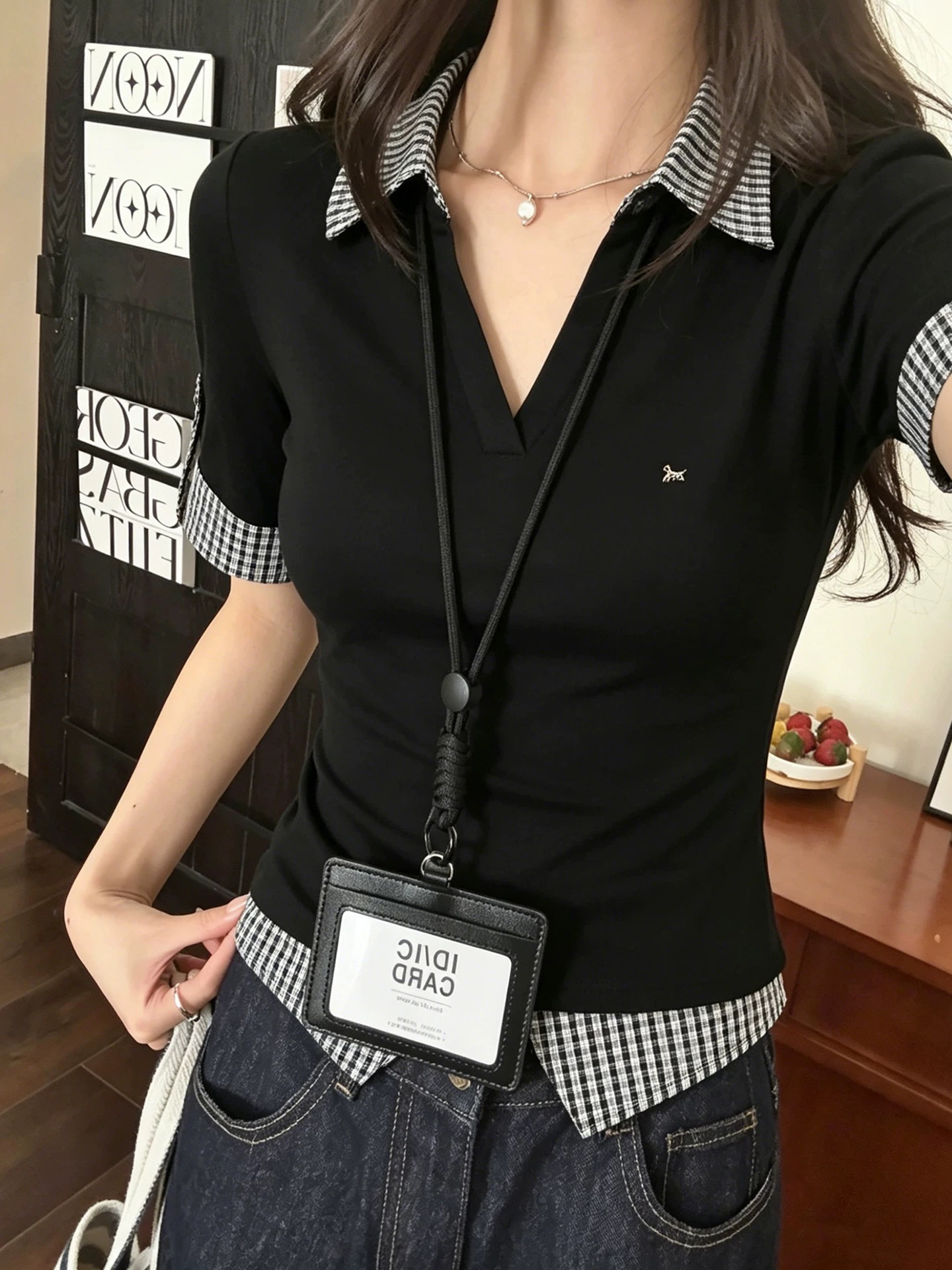 페이크 레이어드 V넥 긍정적 인 어깨 패치워크 체크무늬 반팔 티셔츠 여성 여름 몸매 가꾸기 POLO 셔츠 반소매 맨위