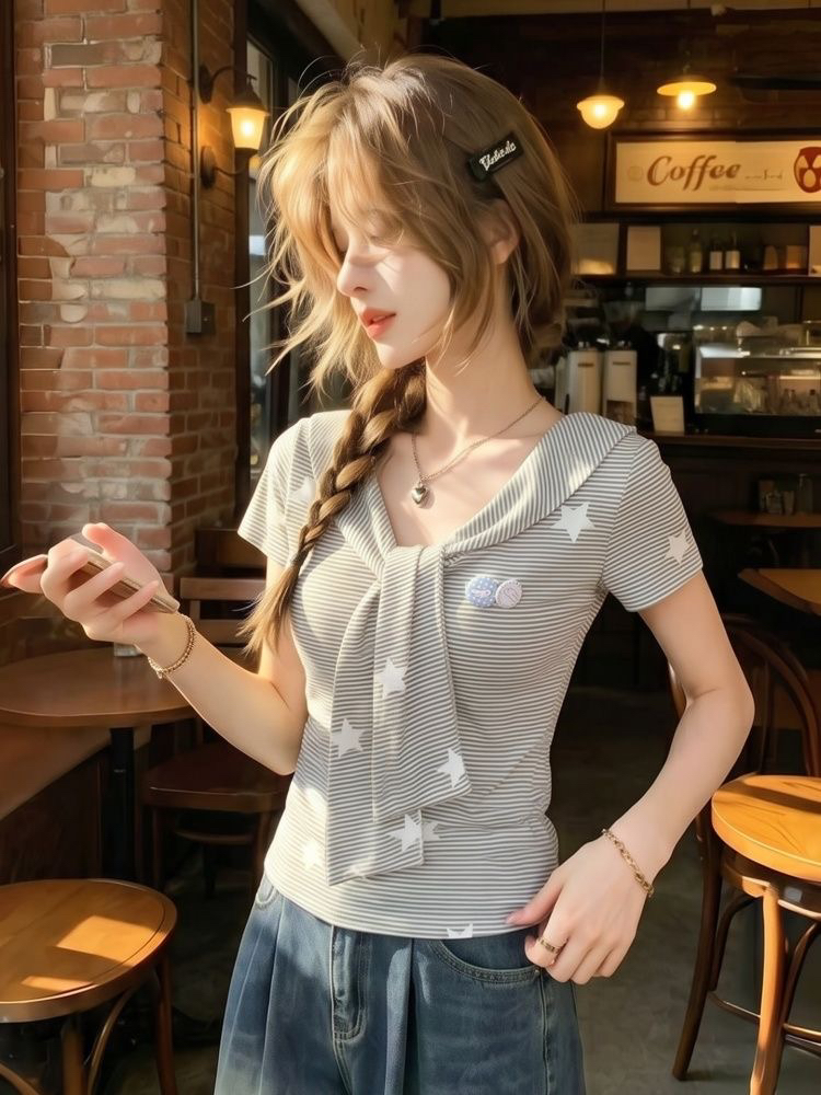 210 그램 40 순면 긍정적 인 어깨 스트라이프 별 프린트 반팔 티셔츠 여성 몸매 가꾸기 맨위