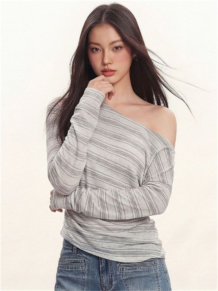 눈꽃 면 한 부서 느슨함 센스 비스듬한 어깨 스트라이프 긴팔 티셔츠 여성 여름 루즈핏 느긋한 자외선 차단 블라우스 마이크로 ~을 통해 의류