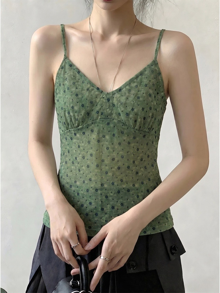 40d 메시 원단 프랑스식 꽃무늬 녹색 캐미솔 여름 외출용 bm 바람 핫걸 꼬집기 허리 위로 의류