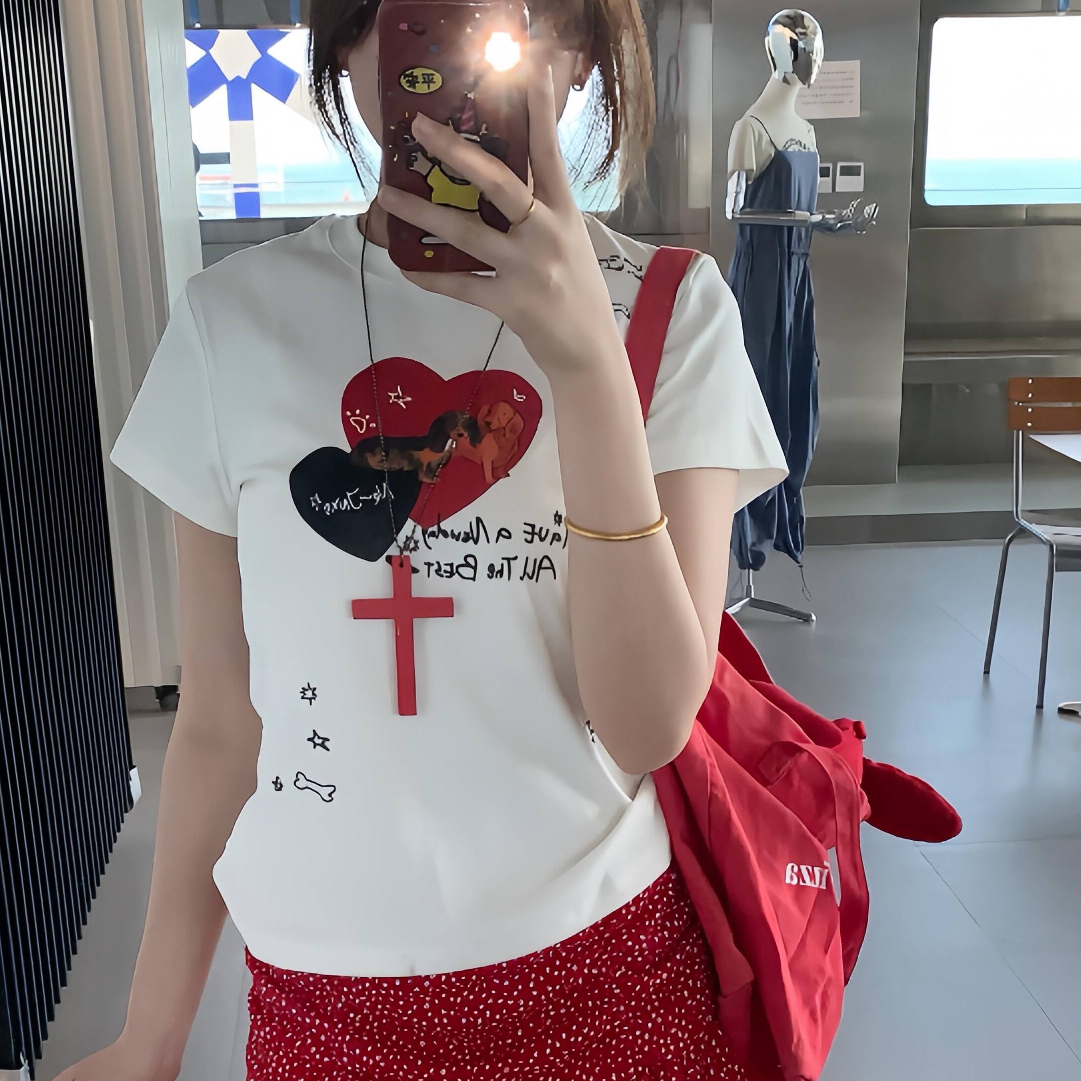 아메리칸 레트로 라운드 넥 긍정적 인 어깨 프린트 반팔 티셔츠