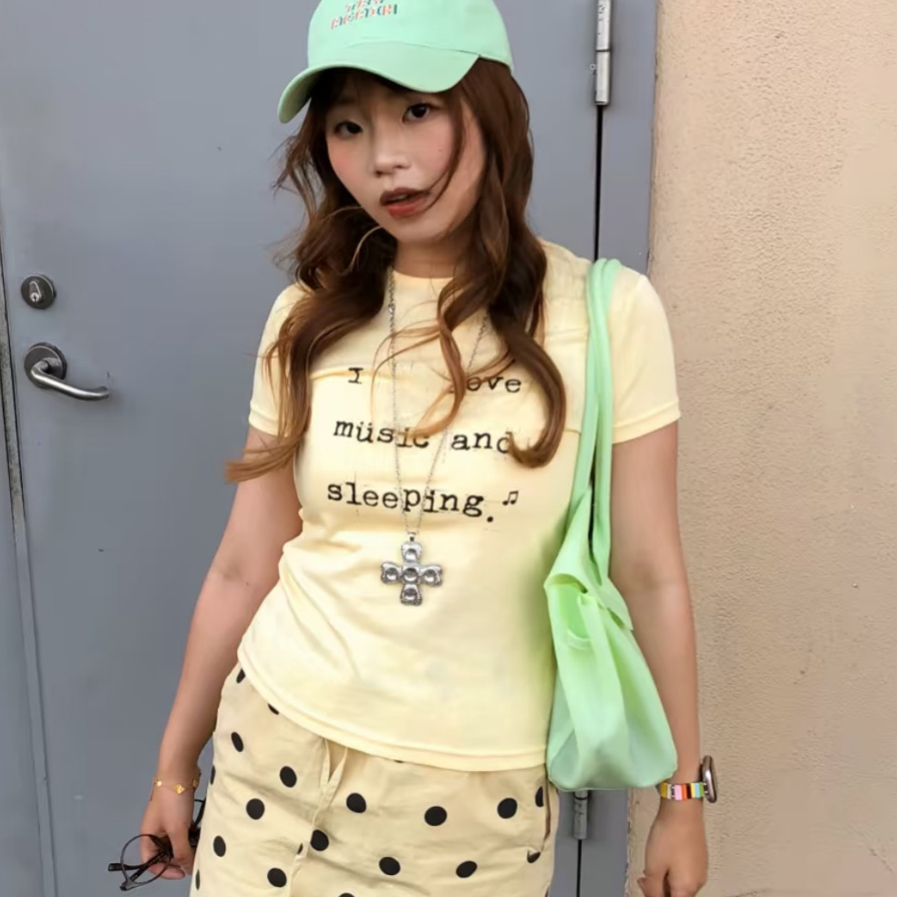 아메리칸 레트로 라운드 넥 긍정적 인 어깨 프린트 반팔 티셔츠