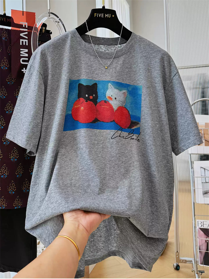 여름 새로운 아메리칸 루즈핏 다용도 프린트 반팔 티셔츠 여성