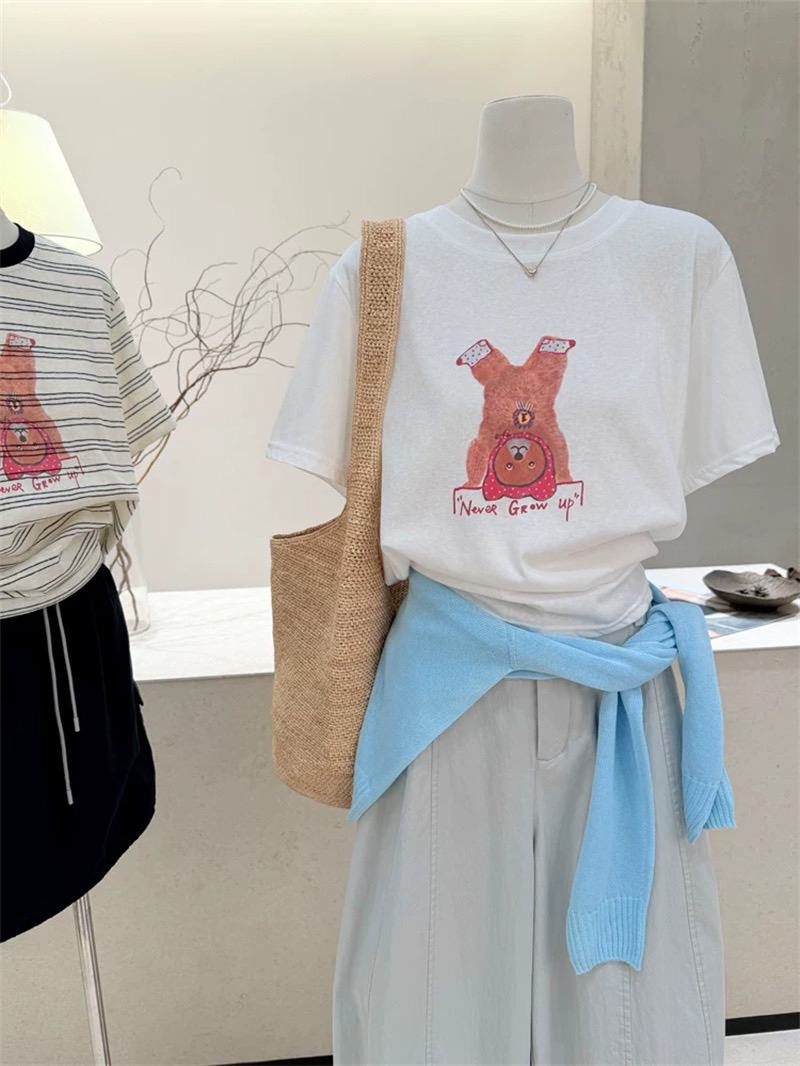 여름 새로운 아메리칸 루즈핏 다용도 프린트 반팔 티셔츠 여성