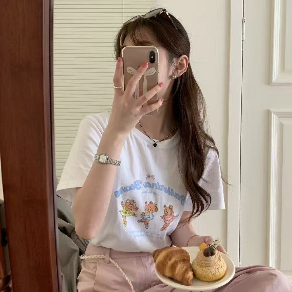 여름 새로운 순면 아메리칸 루즈핏 다용도 프린트 반팔 티셔츠 여성
