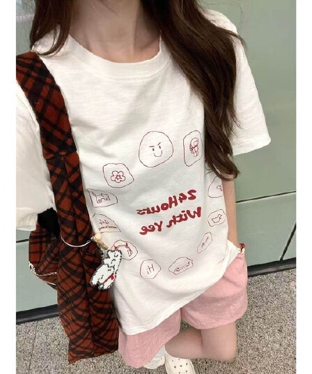 여름 새로운 아메리칸 루즈핏 다용도 프린트 반팔 티셔츠 여성