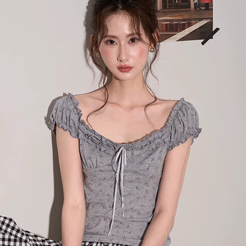 원본 원단 것 몸매 가꾸기 슬림해 보이는 한 부서 달콤함 꽃무늬 목이버섯 레이스 레이스업 거품 소매 티셔츠
