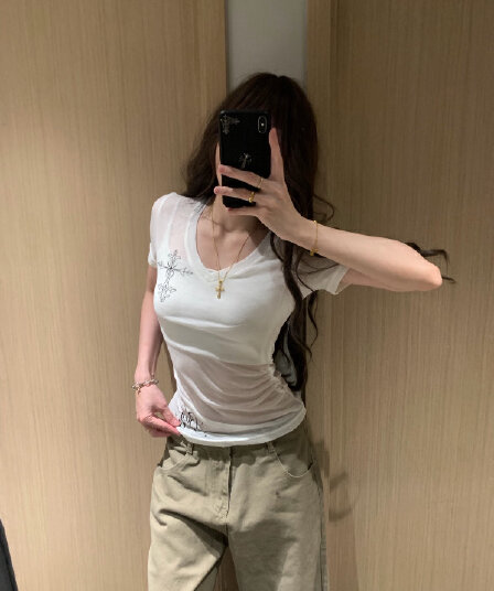 한 부서 순면 V넥 긍정적 인 어깨 프린트 반팔 티셔츠