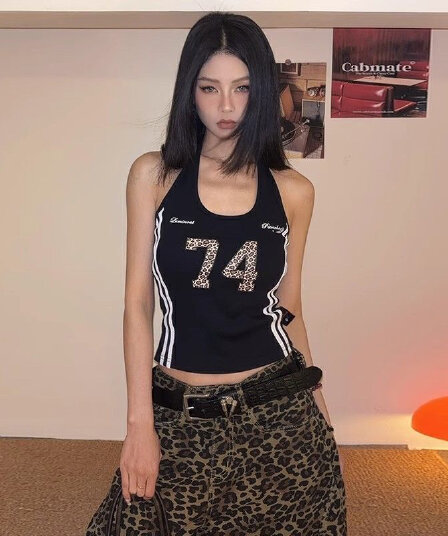 리본 패치워크 레오파드 무늬 프린트 아메리칸 핫걸 행침 목 캐미솔 봄 여름 민소매 슬림해 보이는 쇼트 스타일 맨위