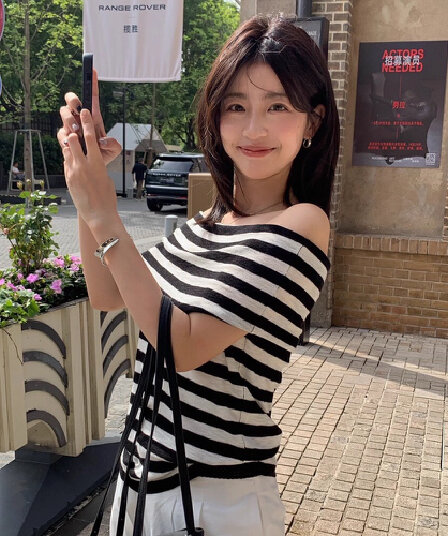 95 면 높은 탄력성 원본 스트라이프 리브 원단 오른쪽 에디션 커프스 어깨 2026 새로운 티셔츠