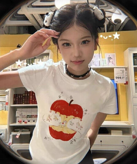 슈퍼 잘 생긴 애플 작은 말 프린트 반팔 티셔츠 여성 여름 화이트 한 부서 chic Chic 몸매 가꾸기 슬림해 보이는 맨위