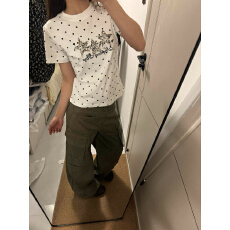 韩系轻亚风白色豹纹波点学生修身短袖T恤女夏设计感掐腰正肩上衣