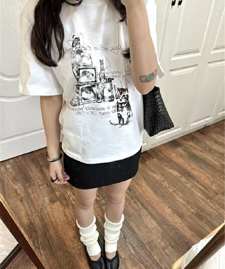 여름 새로운 아메리칸 루즈핏 다용도 프린트 반팔 티셔츠 여성