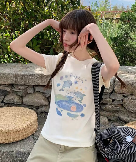 한 부서 순면 긍정적 인 어깨 만화 프린트 반팔 티셔츠