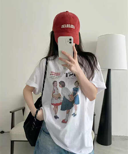 순면 여름 드레스 루즈핏 프린트 반팔 티셔츠 여성 한
